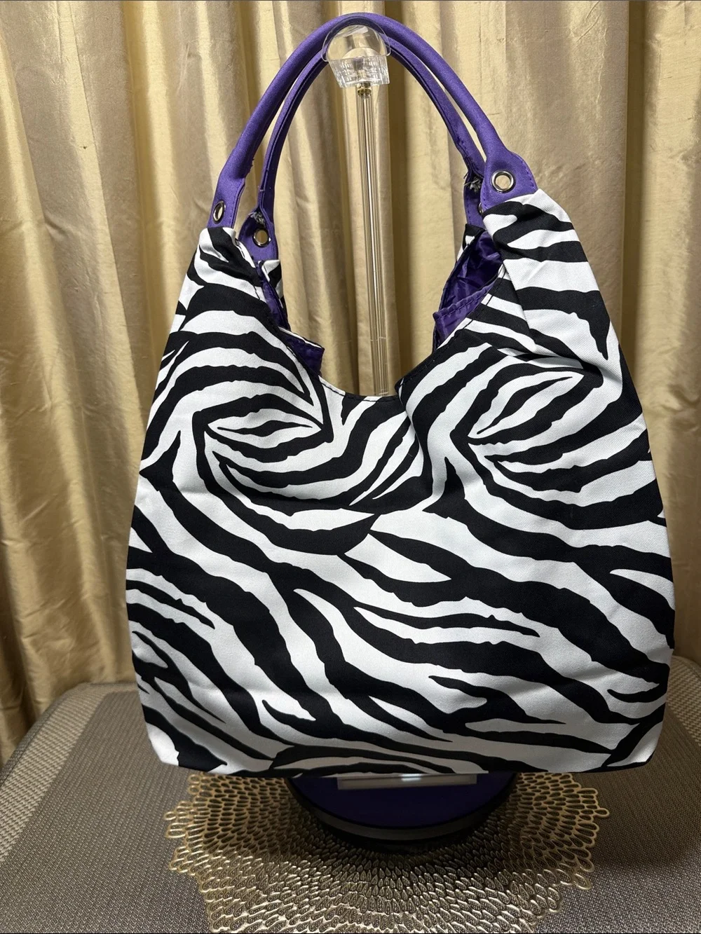 Zebra Print Shoulder Tote with Purple Handles